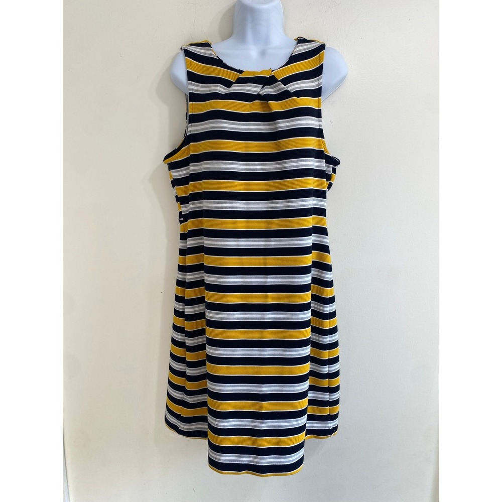 Nautical Preppy Liz Claiborne Women 12 Navy Yellow Striped Career Shift Dress